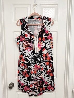 Sleeveless Floral Zip-Front Dress - Black, White & Pink NWT
